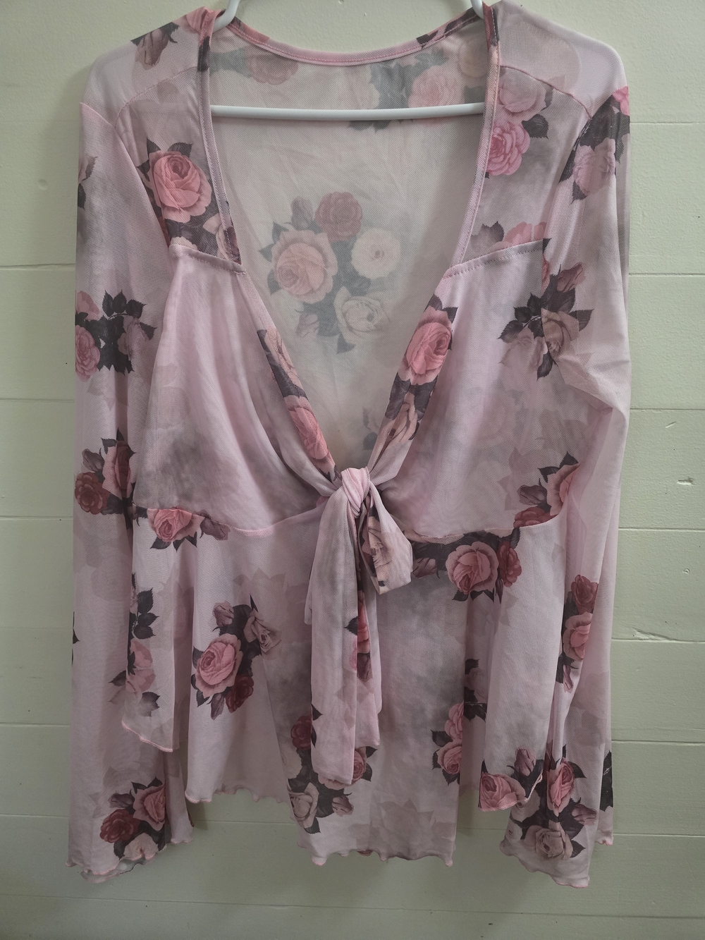 Women's Pink Floral Tie-Front Sheer Top